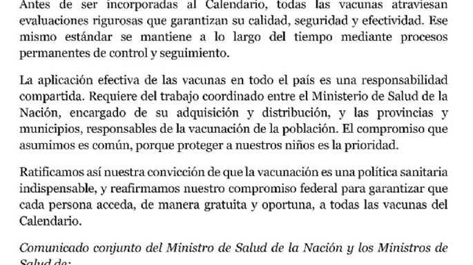 Salud difundió un comunicado federal en defensa de las vacunas