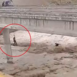 El agua arrastró una retroexcavadora en un puente de la ruta 40 y casi se lleva a un hombre