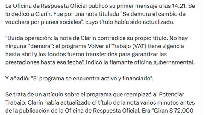 Debutó la Oficina de Respuesta Oficial y le pegó a Clarín y a una legisladora de izquierda