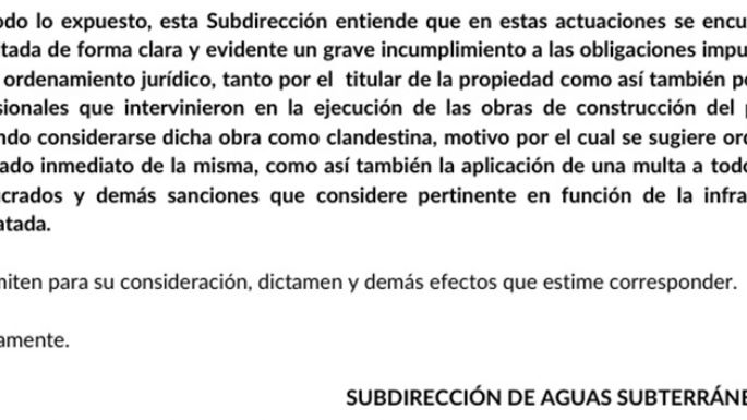 La esposa de Pablo Toviggino construyó un pozo de agua en zona restringida