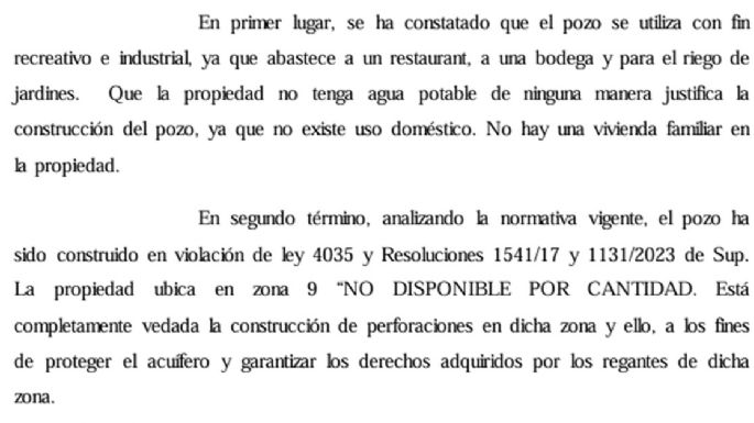La esposa de Pablo Toviggino construyó un pozo de agua en zona restringida